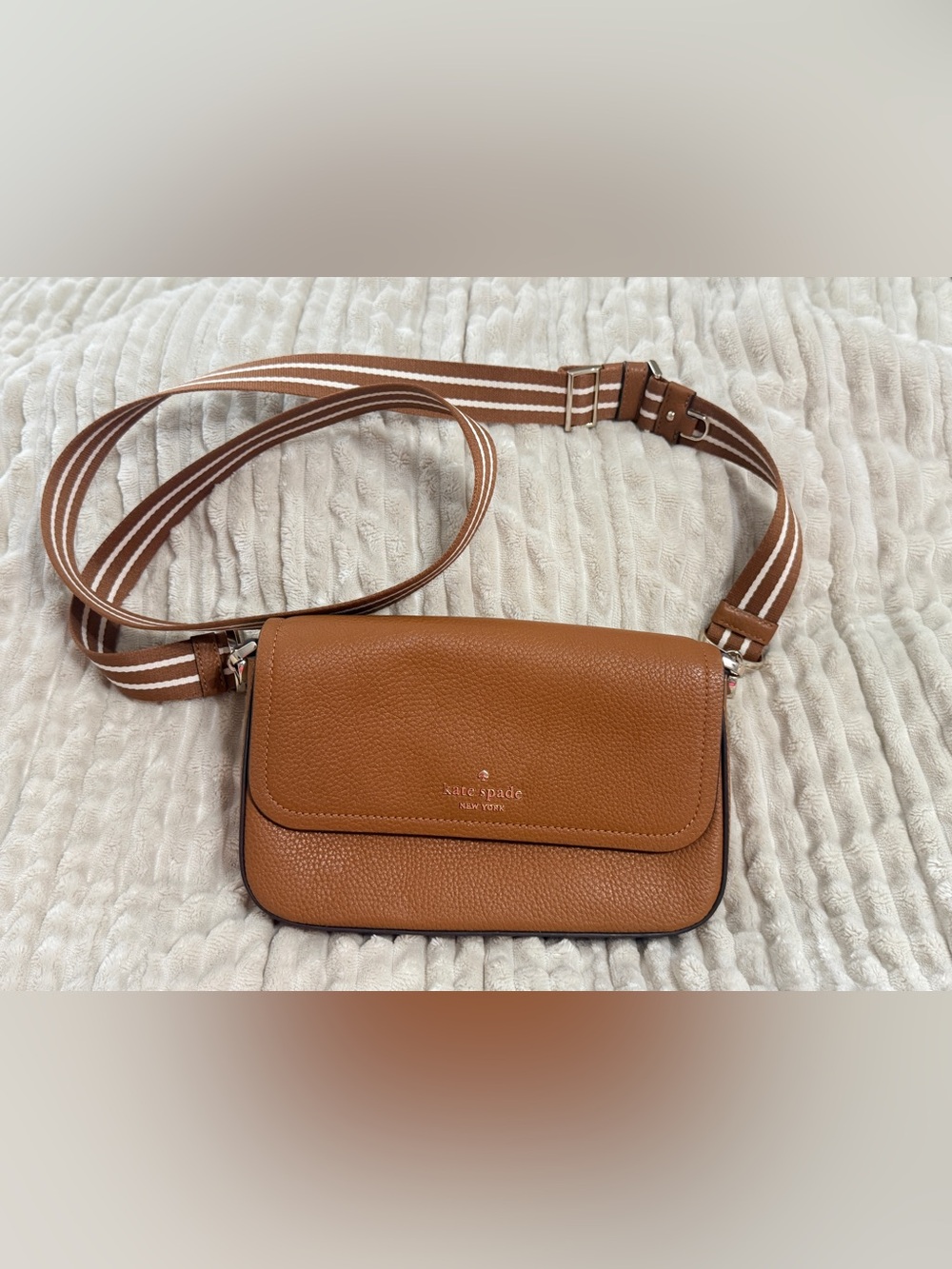 New Kate Spade Tan Pebbled Leather Crossbody with Striped Strap